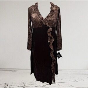 Vintage Whimsigoth Velour Ruffle Dress Size 12 NWT Brown Romantic Rampage 90's